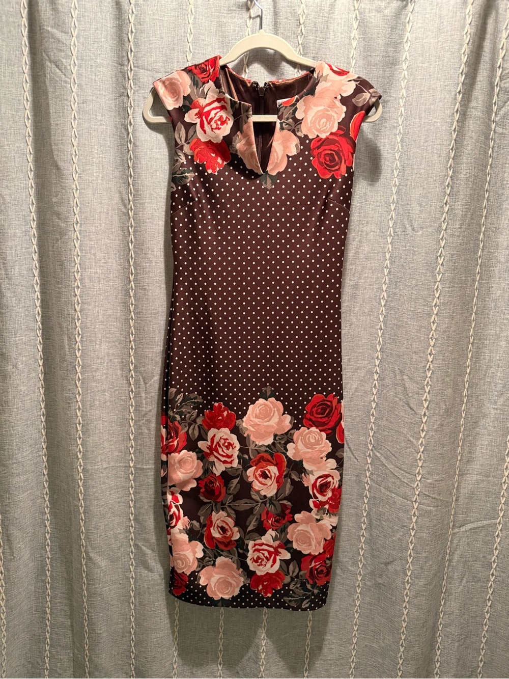 New York & Company Brown Polka Dot Sheath Dress with Red and Pink Floral Print